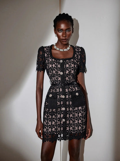 Elegant Square Neck Patterned Mesh Mini Dress