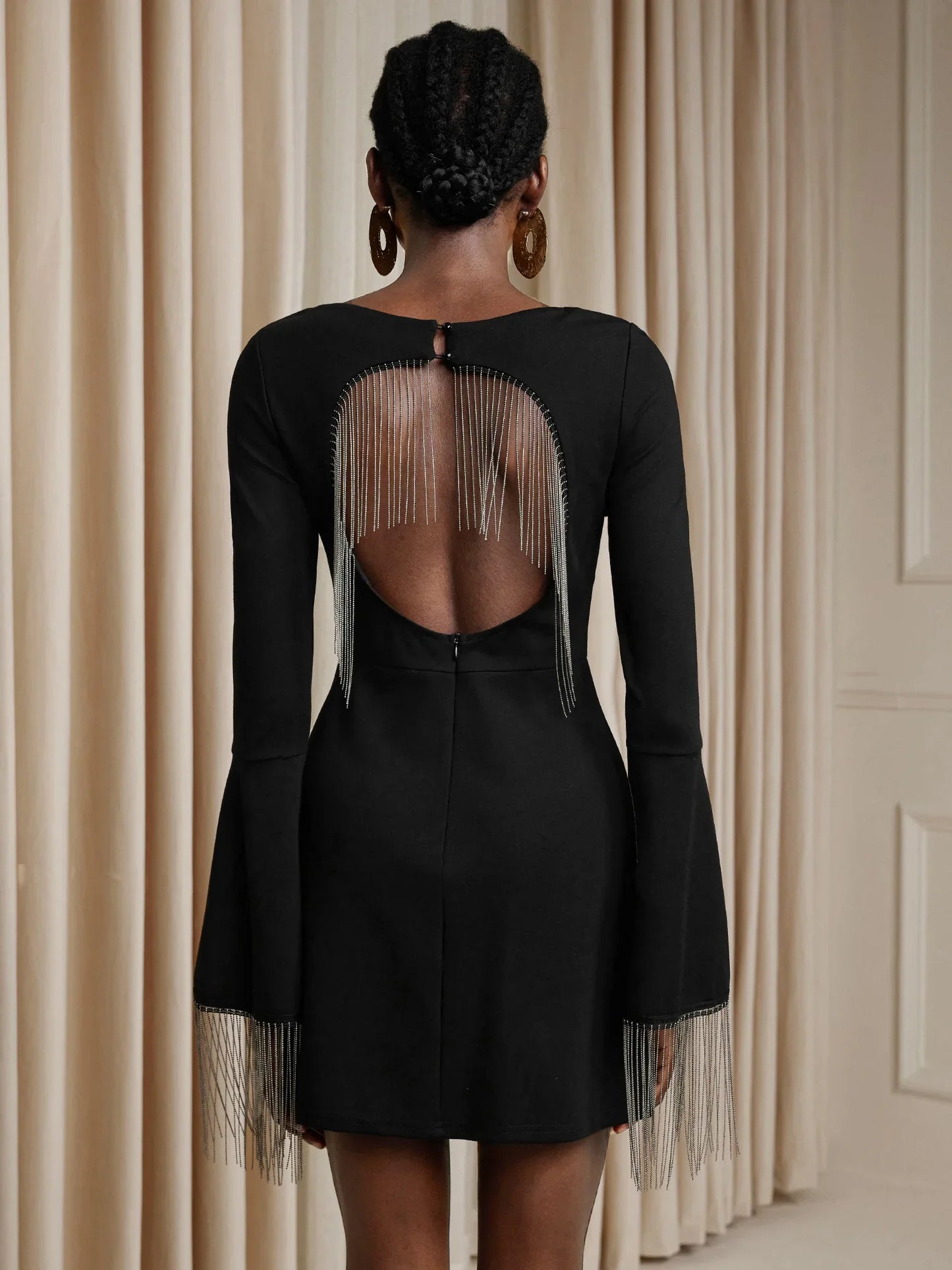 Square Neck Ruffle Sleeve Tassel Mini Dress