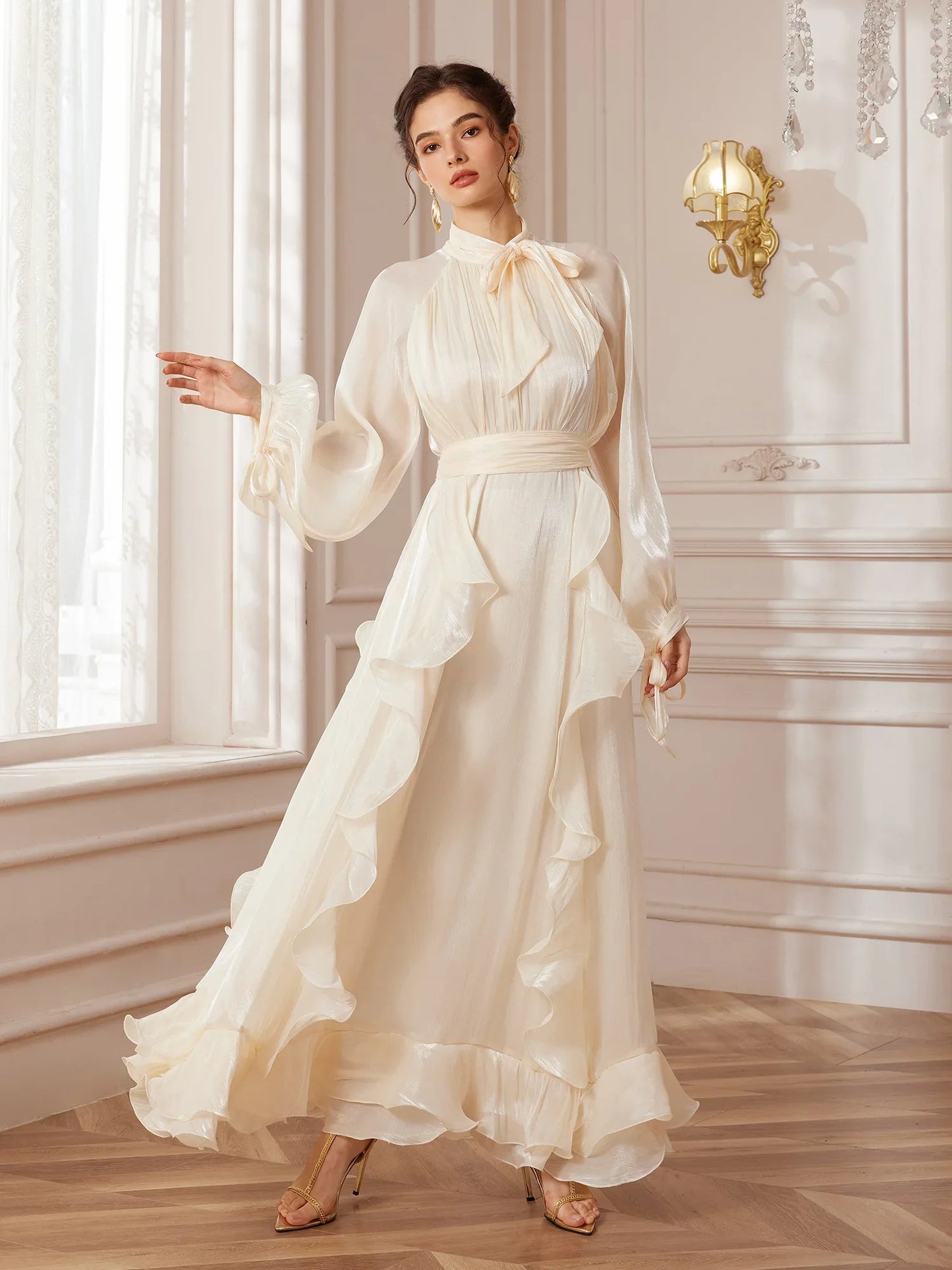 Stand-Collar Lantern-Sleeve Corset-Pleat Maxi Dress