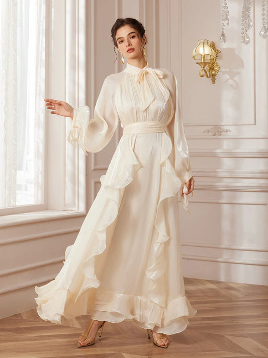 Stand-Collar Lantern-Sleeve Corset-Pleat Maxi Dress