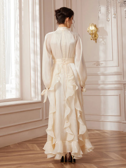 Stand-Collar Lantern-Sleeve Corset-Pleat Maxi Dress