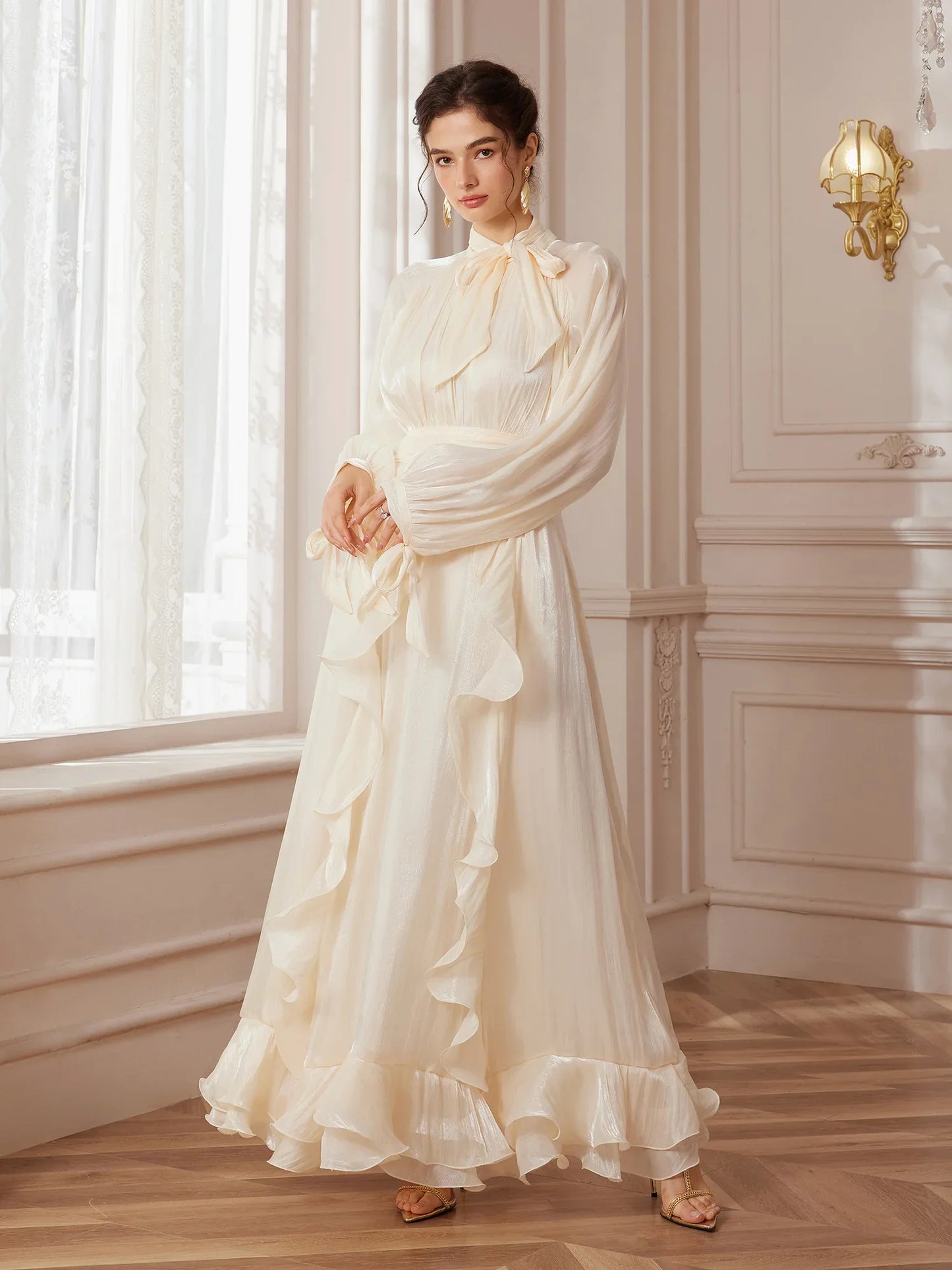 Stand-Collar Lantern-Sleeve Corset-Pleat Maxi Dress