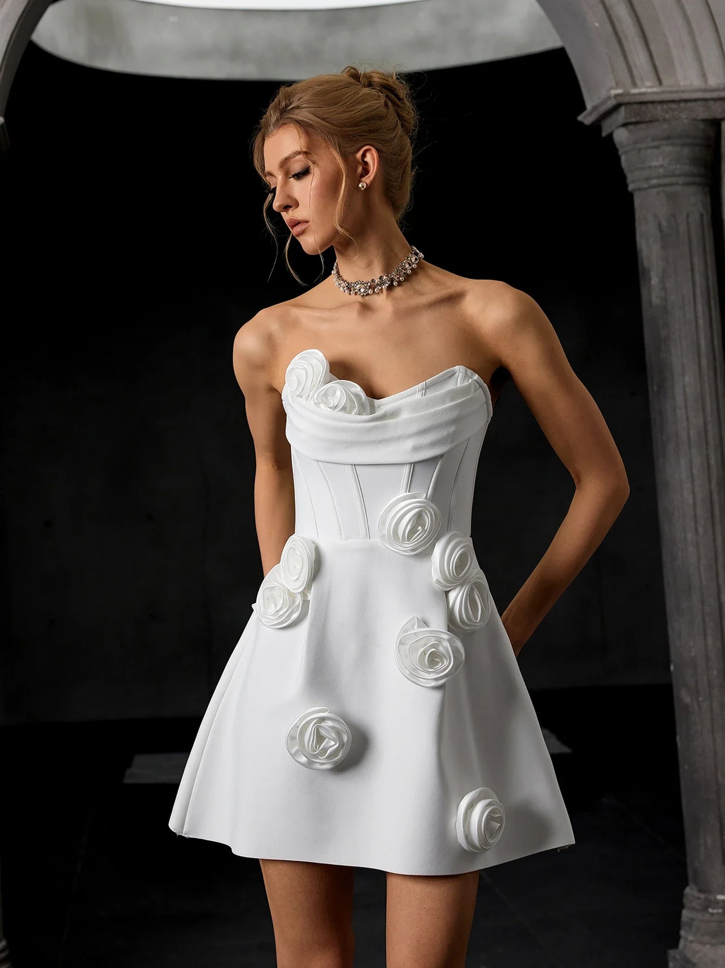 Strapless Beaded-Ribbon Sculpted Mini Dress
