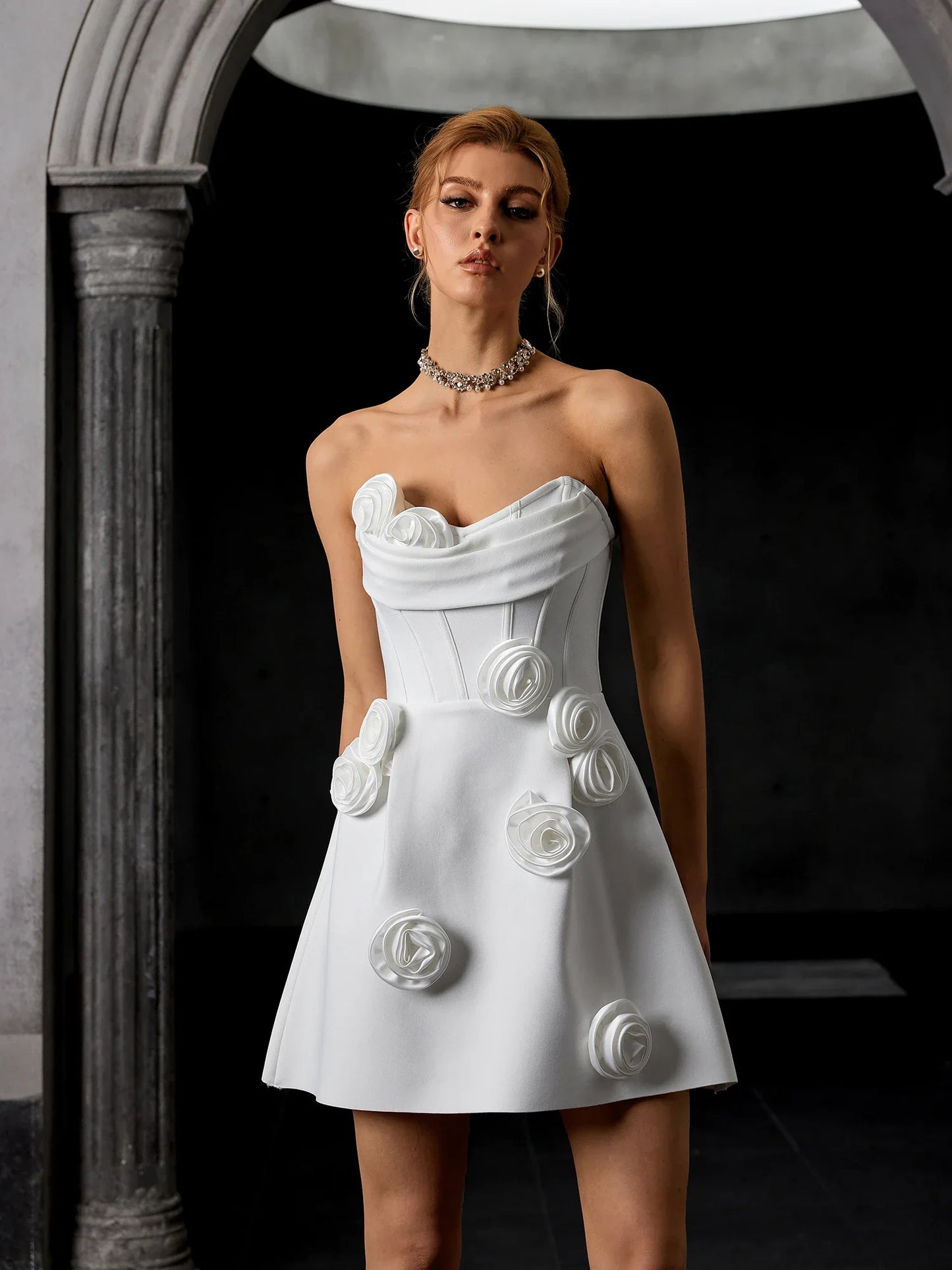 Strapless Beaded-Ribbon Sculpted Mini Dress