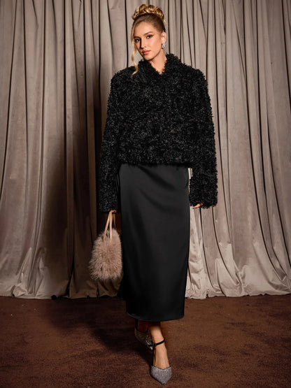 Stylish Black Plush Cropped Coat
