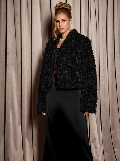 Stylish Black Plush Cropped Coat
