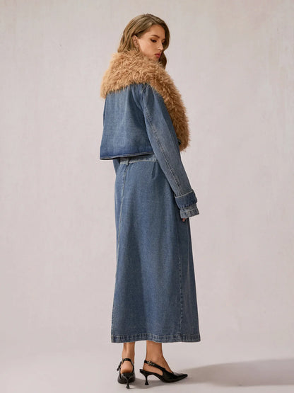 Stylish Denim Plush Collar Coat