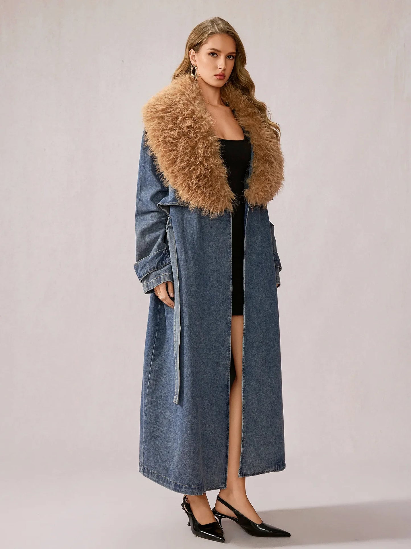 Stylish Denim Plush Collar Coat