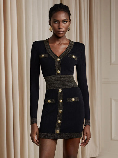 V-Neck Button Front Bodycon Mini Dress