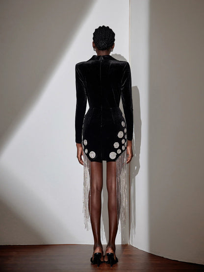 V-Neck Fringe Blazer Collar Mini Dress