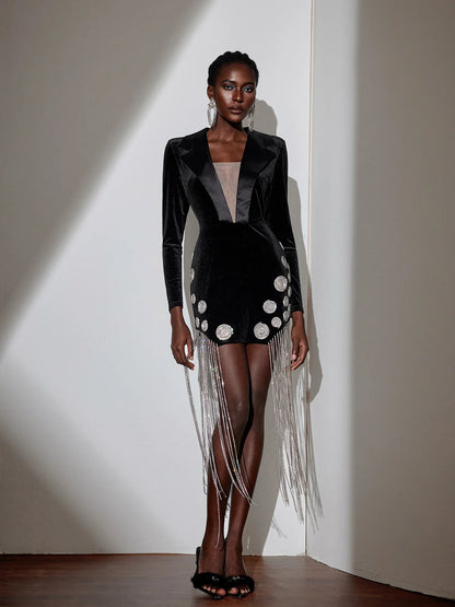 V-Neck Fringe Blazer Collar Mini Dress