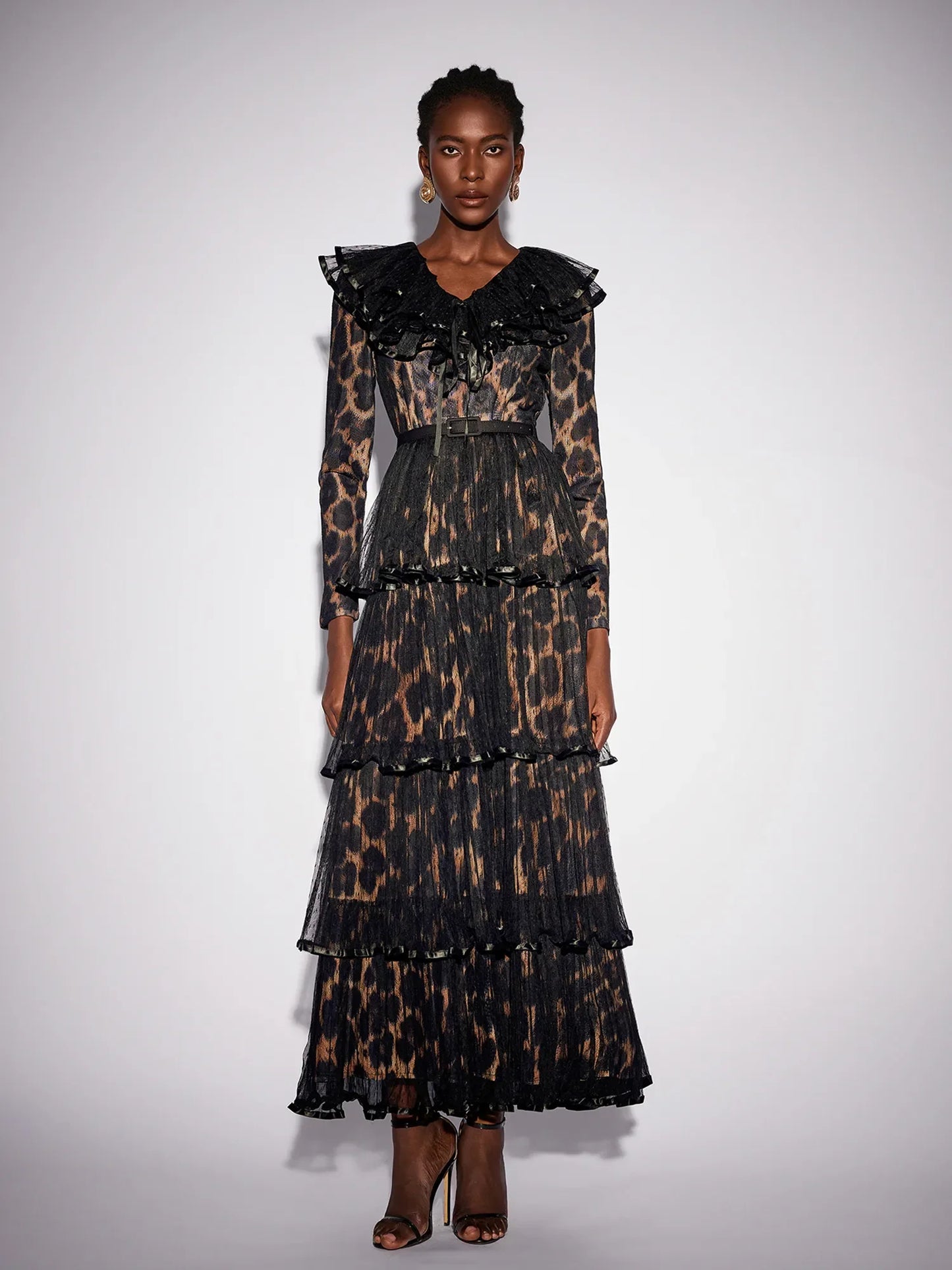 V-Neck Leopard Pleated Mesh Maxi Dress