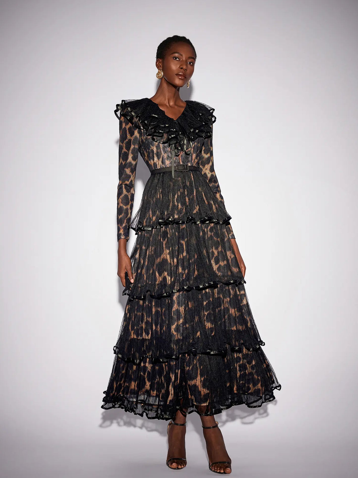 V-Neck Leopard Pleated Mesh Maxi Dress