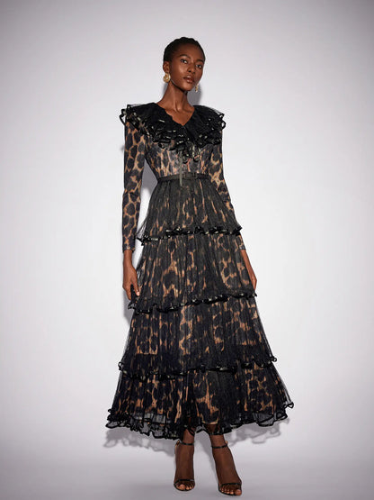 V-Neck Leopard Pleated Mesh Maxi Dress