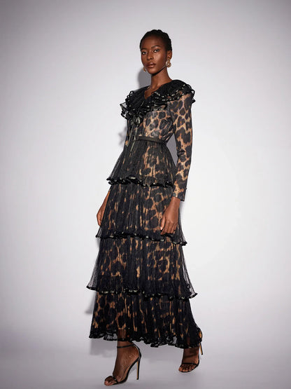 V-Neck Leopard Pleated Mesh Maxi Dress