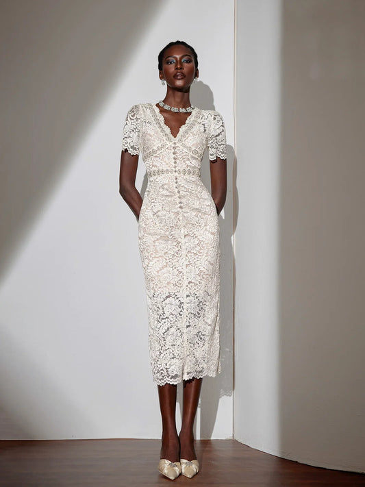 White V-Neck Mesh Midi Dress