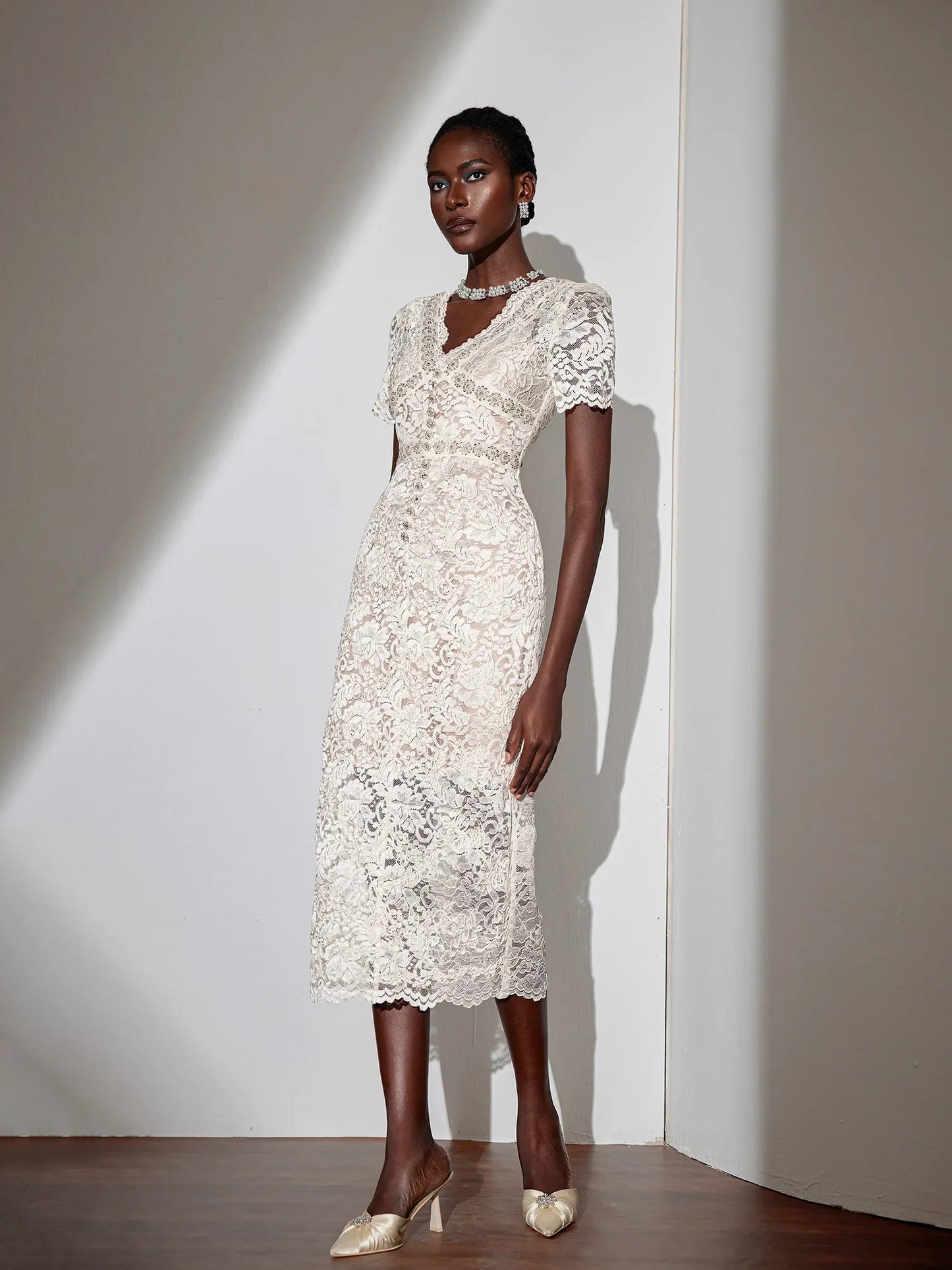 White V-Neck Mesh Midi Dress