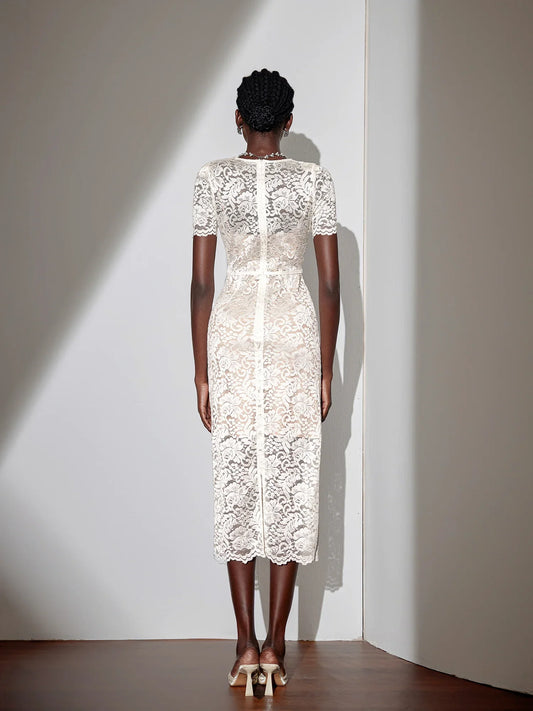 White V-Neck Mesh Midi Dress