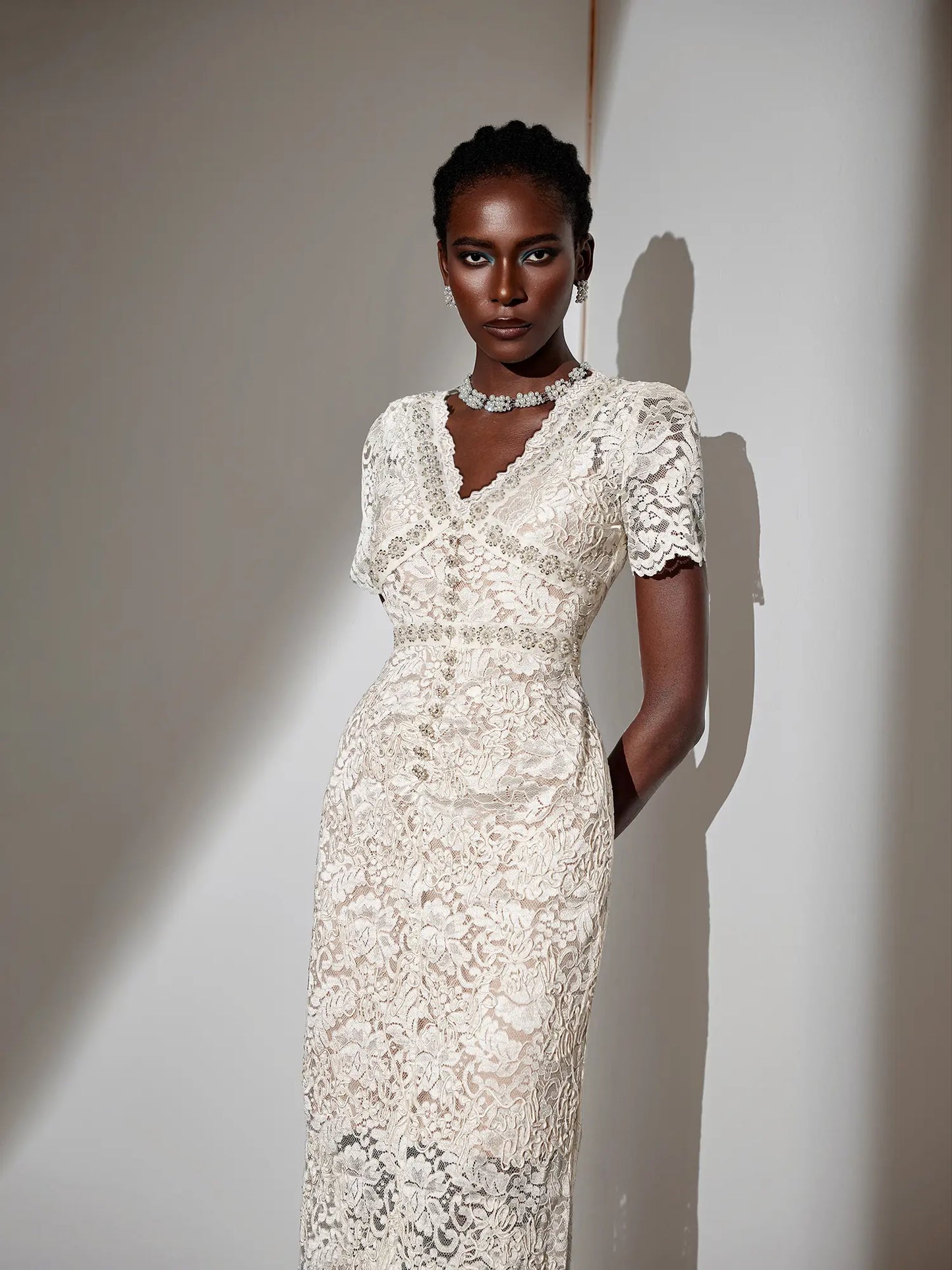White V-Neck Mesh Midi Dress