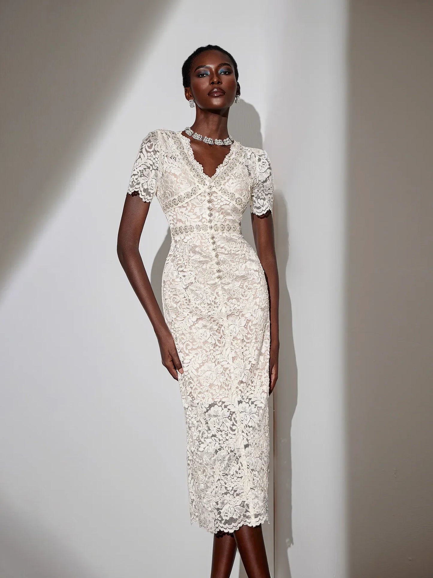 White V-Neck Mesh Midi Dress