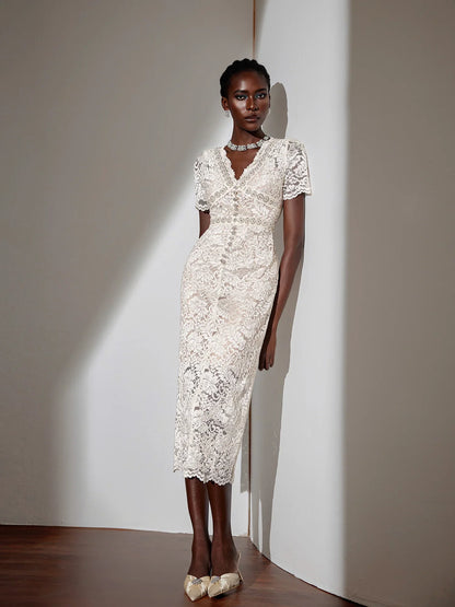 White V-Neck Mesh Midi Dress