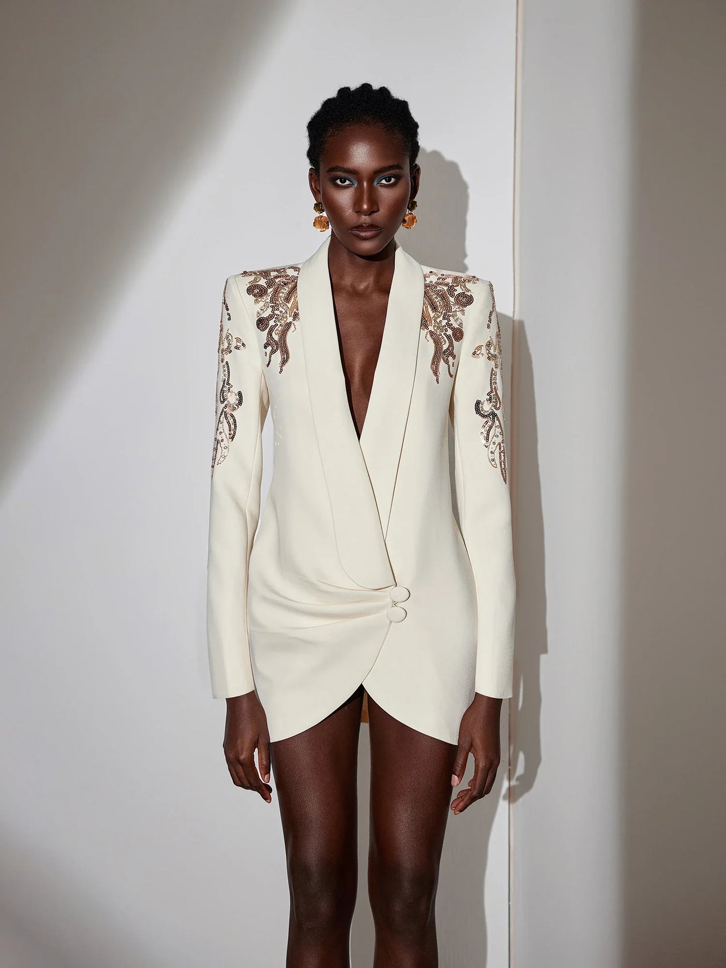 White V-Neck Blazer Mini Dress Rhinestone Shoulder
