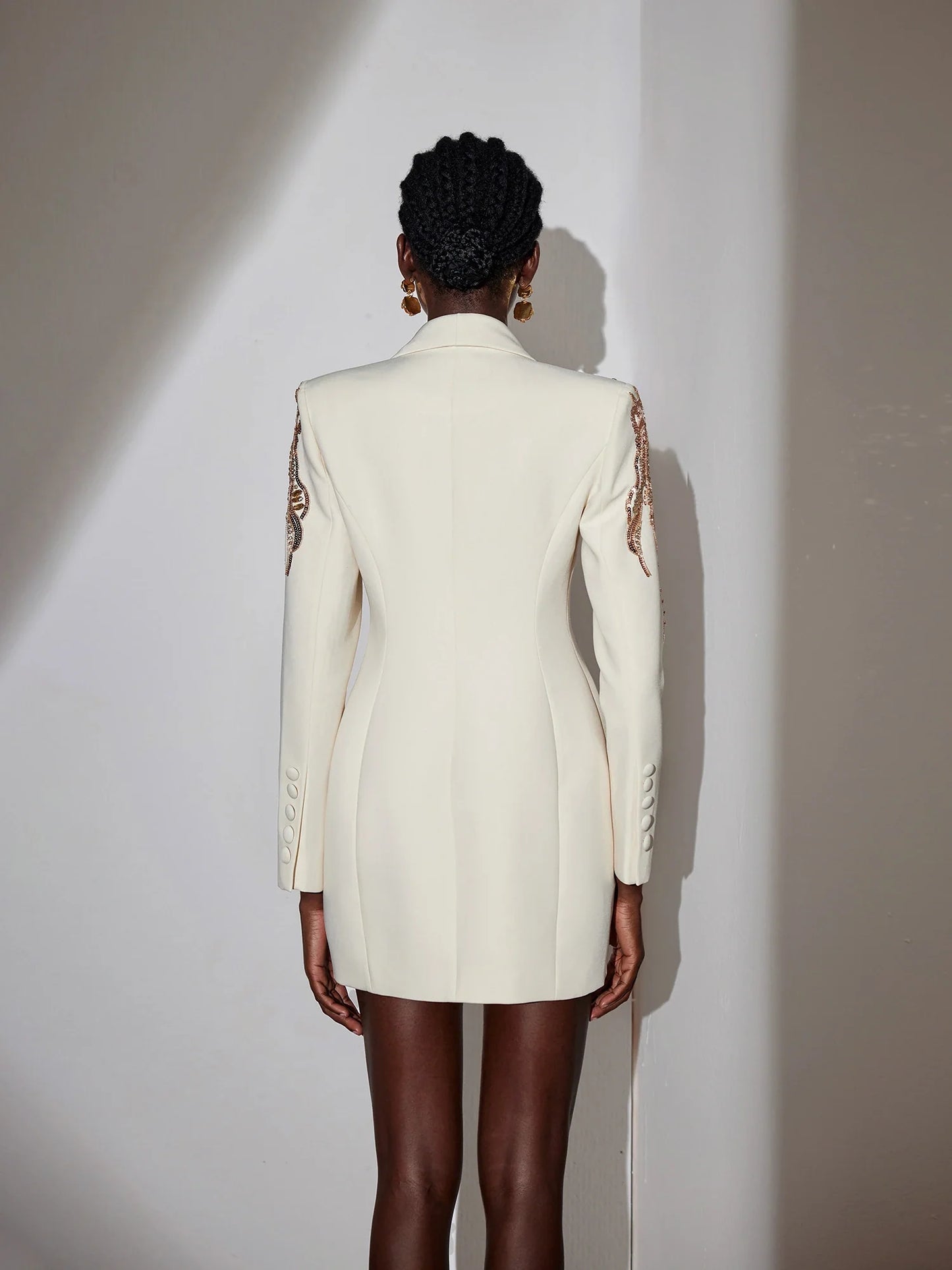 White V-Neck Blazer Mini Dress Rhinestone Shoulder