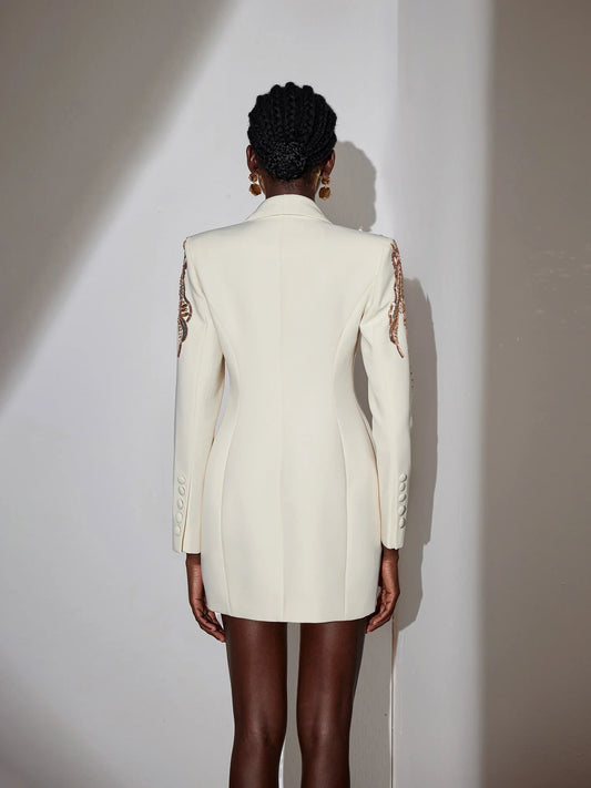 White V-Neck Blazer Mini Dress Rhinestone Shoulder