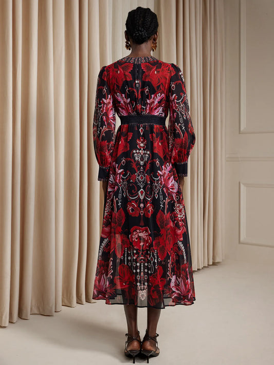 V-Neck Printed Vintage Midi Dress