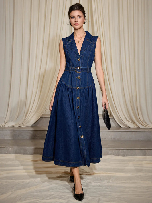 Sleeveless Blue Denim V-Neck A-Line Dress