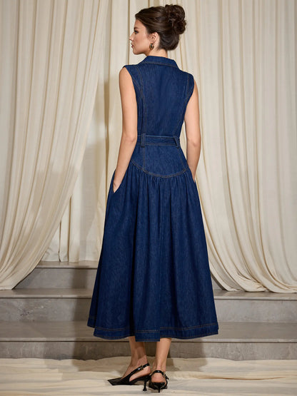 Sleeveless Blue Denim V-Neck A-Line Dress