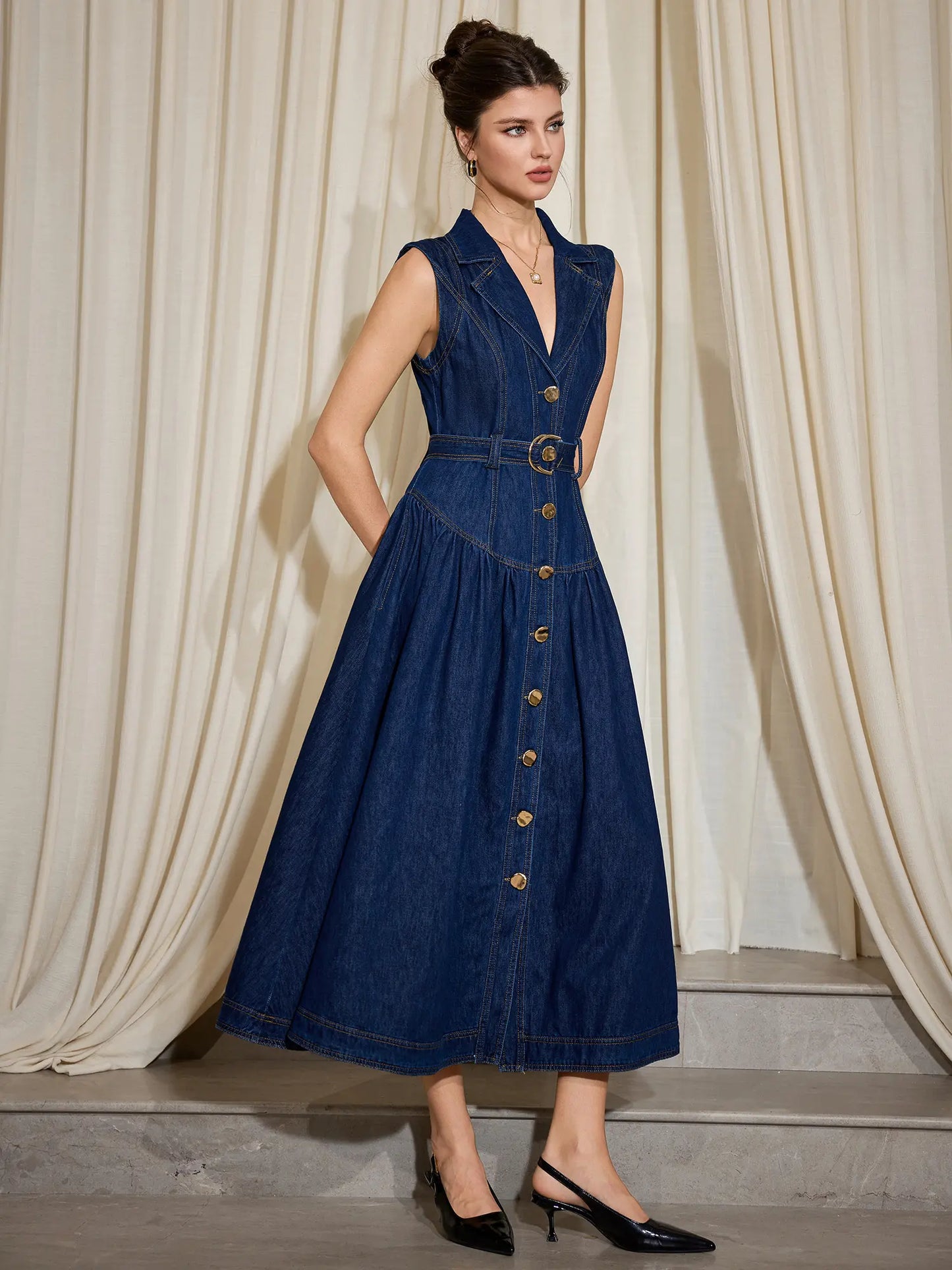 Sleeveless Blue Denim V-Neck A-Line Dress