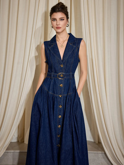 Sleeveless Blue Denim V-Neck A-Line Dress