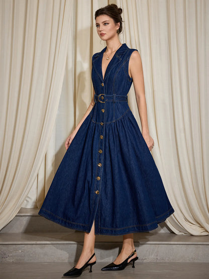 Sleeveless Blue Denim V-Neck A-Line Dress