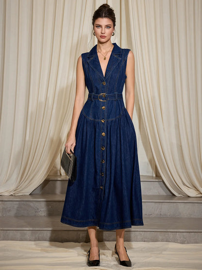 Sleeveless Blue Denim V-Neck A-Line Dress