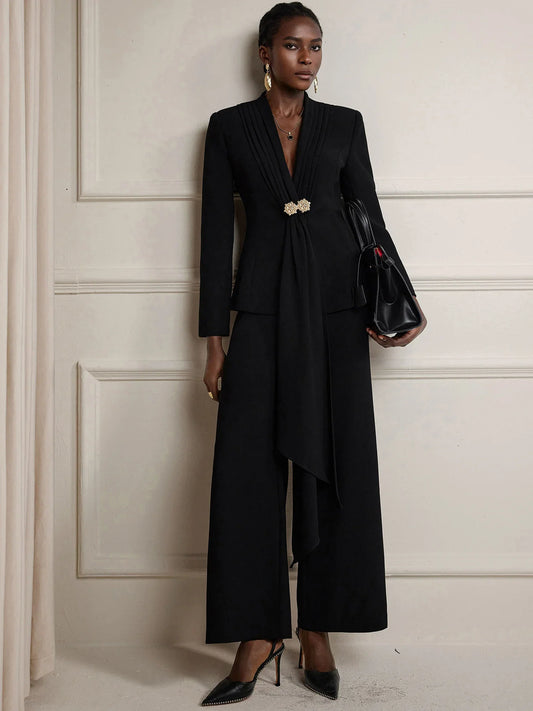 V-Neck Suit with Metal Button Two-Piece Set