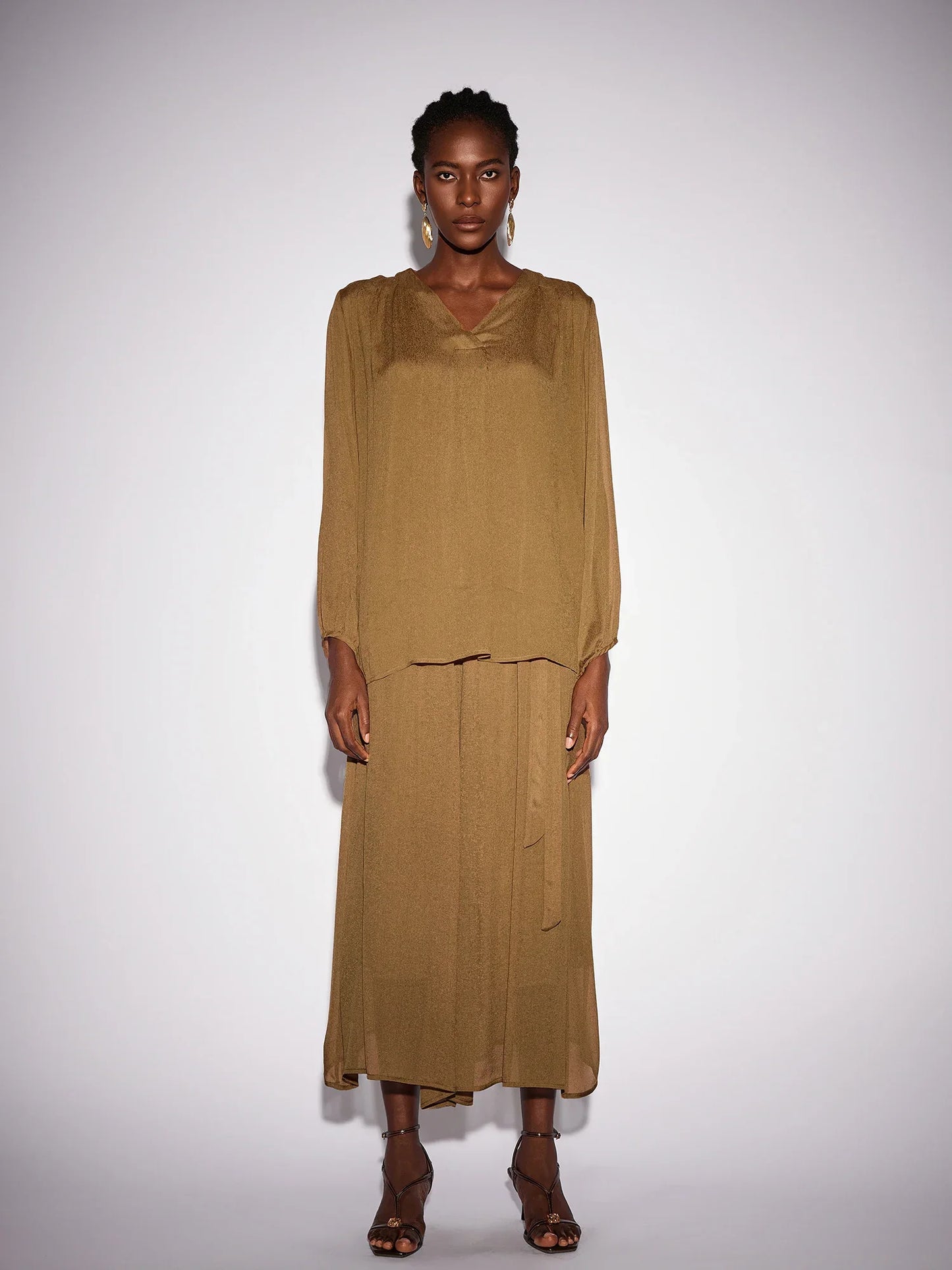 Vintage Brown V-Neck Mesh Two-Piece Set