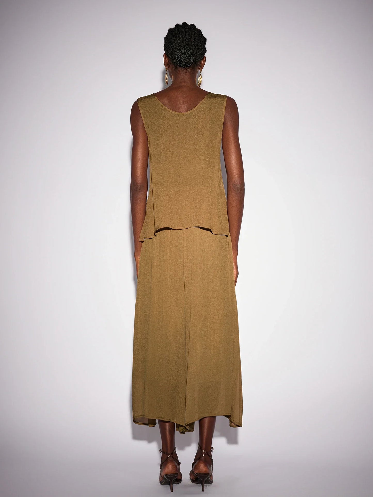 Vintage Brown V-Neck Mesh Two-Piece Set