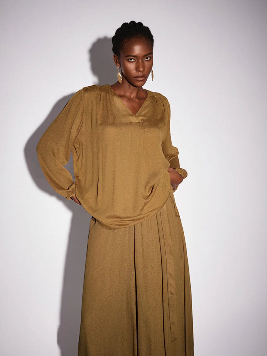 Vintage Brown V-Neck Mesh Two-Piece Set