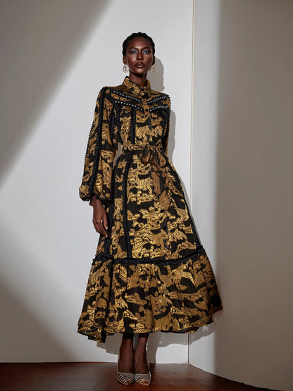 Vintage Pleated Printed Maxi Dress