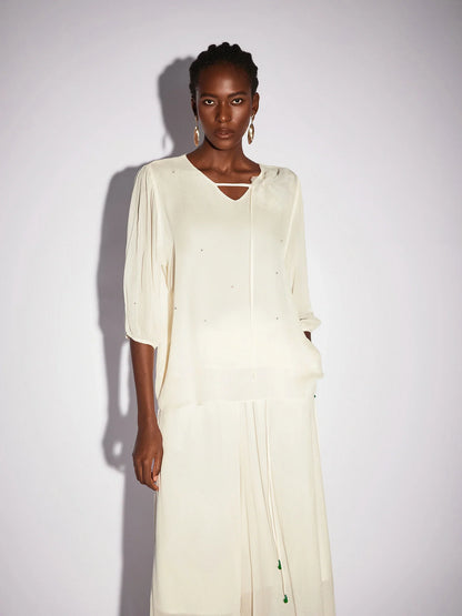 White Beaded Mesh Two-Piece Set