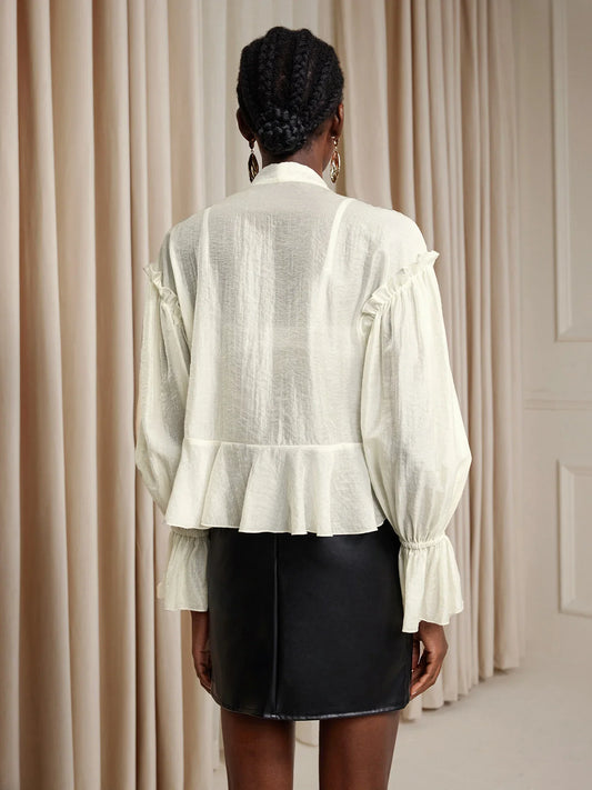 White Cropped Ruffle Ruched Tie-Up Top