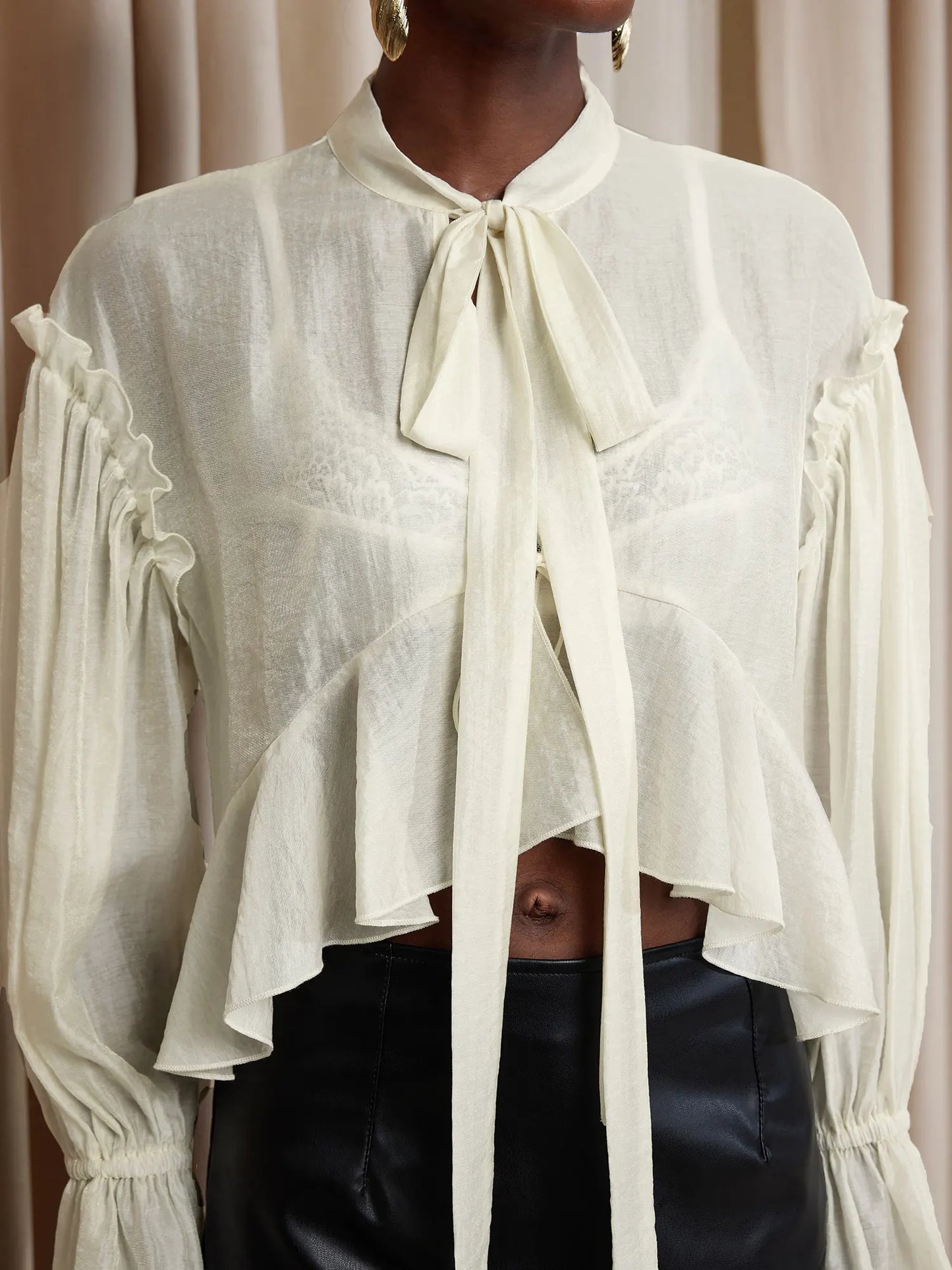 White Cropped Ruffle Ruched Tie-Up Top