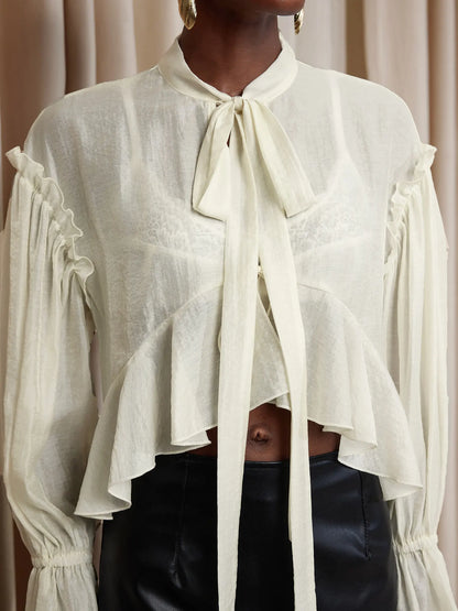 White Cropped Ruffle Ruched Tie-Up Top