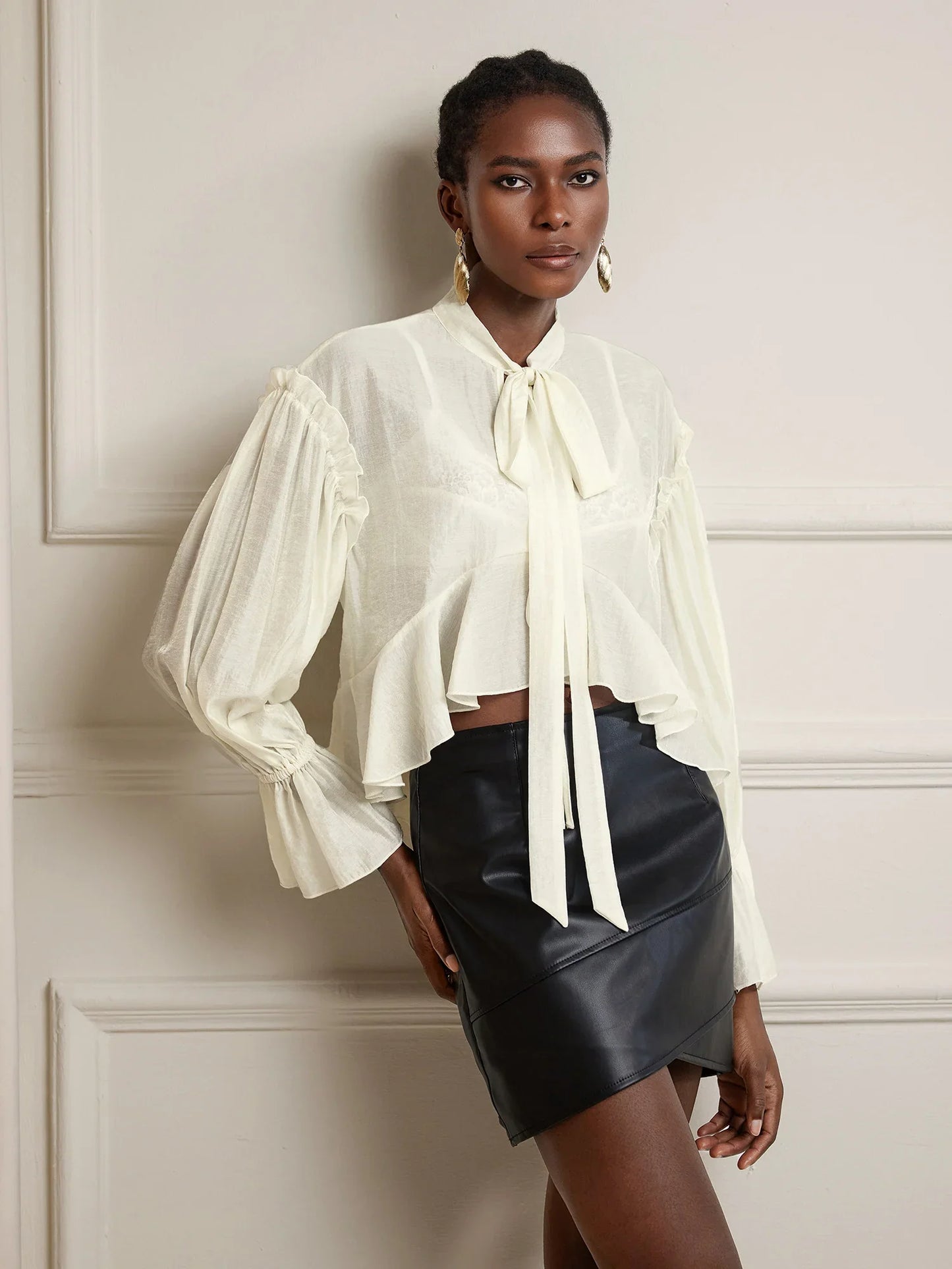 White Cropped Ruffle Ruched Tie-Up Top
