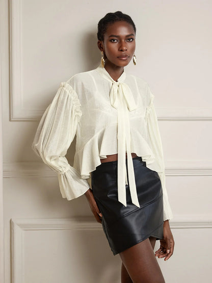 White Cropped Ruffle Ruched Tie-Up Top
