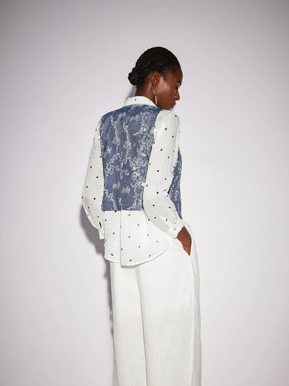 White Dot Shirt Two-Piece Set with Floral Blue Waistcoat