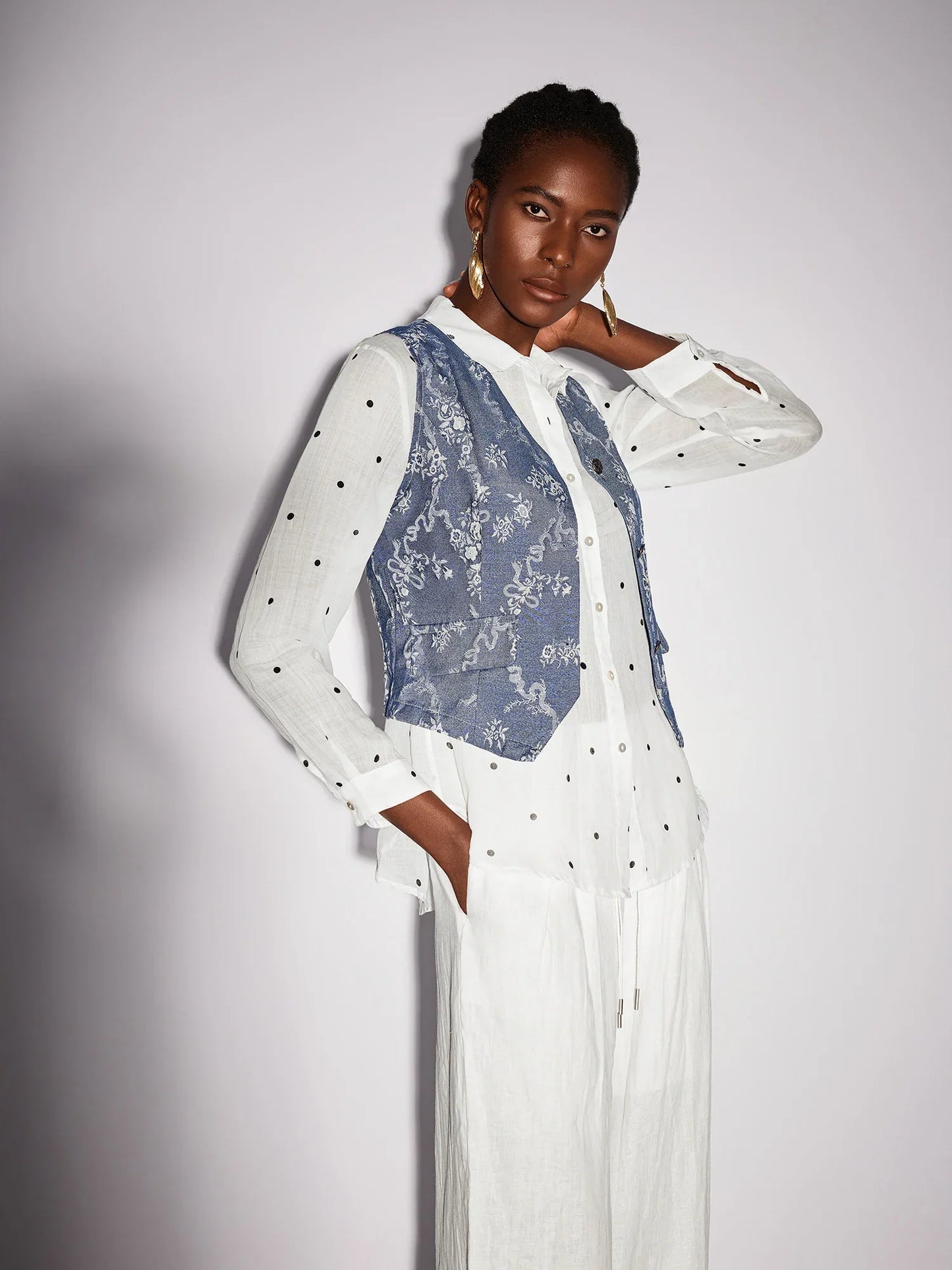White Dot Shirt Two-Piece Set with Floral Blue Waistcoat