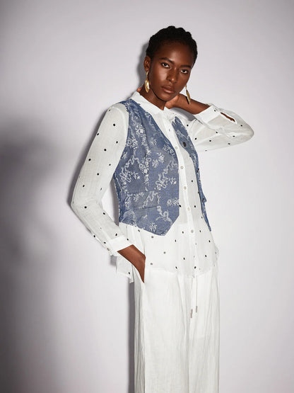 White Dot Shirt Two-Piece Set with Floral Blue Waistcoat