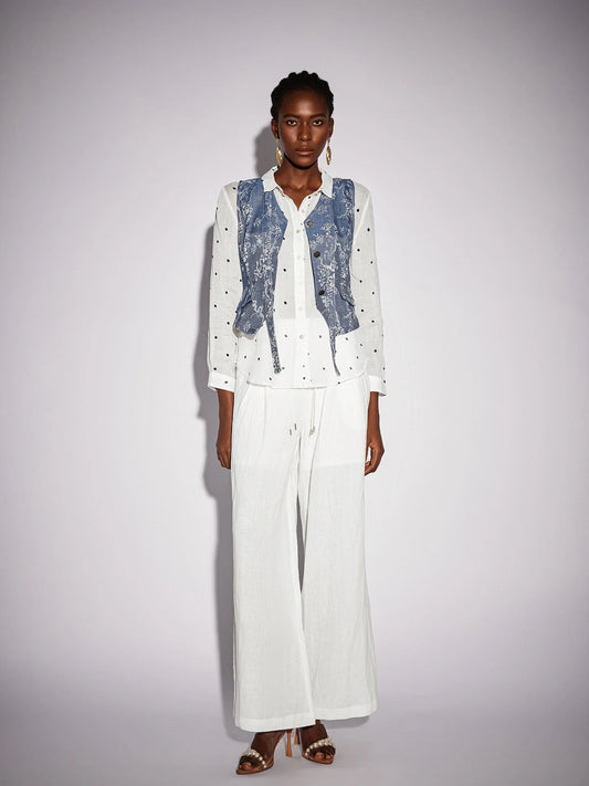White Dot Shirt Two-Piece Set with Floral Blue Waistcoat